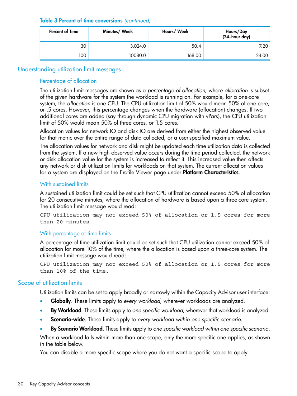 Understanding utilization limit messages, Percentage of allocation, With sustained limits | With percentage of time limits, Scope of utilization limits, Percentage of allocation with sustained limits | HP Matrix Operating Environment Software User Manual | Page 30 / 245