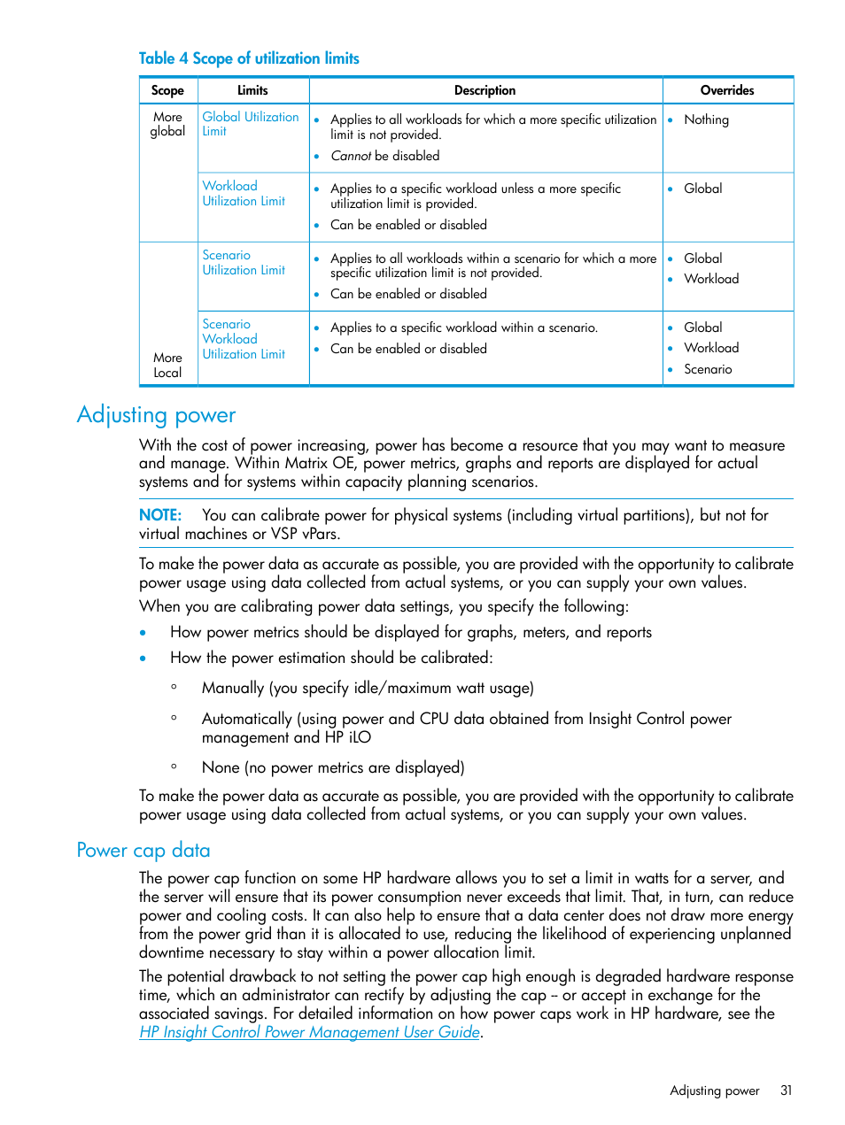 Adjusting power, Power cap data | HP Matrix Operating Environment Software User Manual | Page 31 / 245