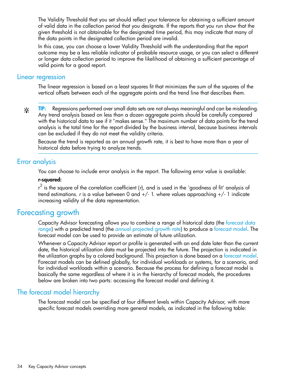 Linear regression, Error analysis, Forecasting growth | The forecast model hierarchy, Linear regression error analysis | HP Matrix Operating Environment Software User Manual | Page 34 / 245