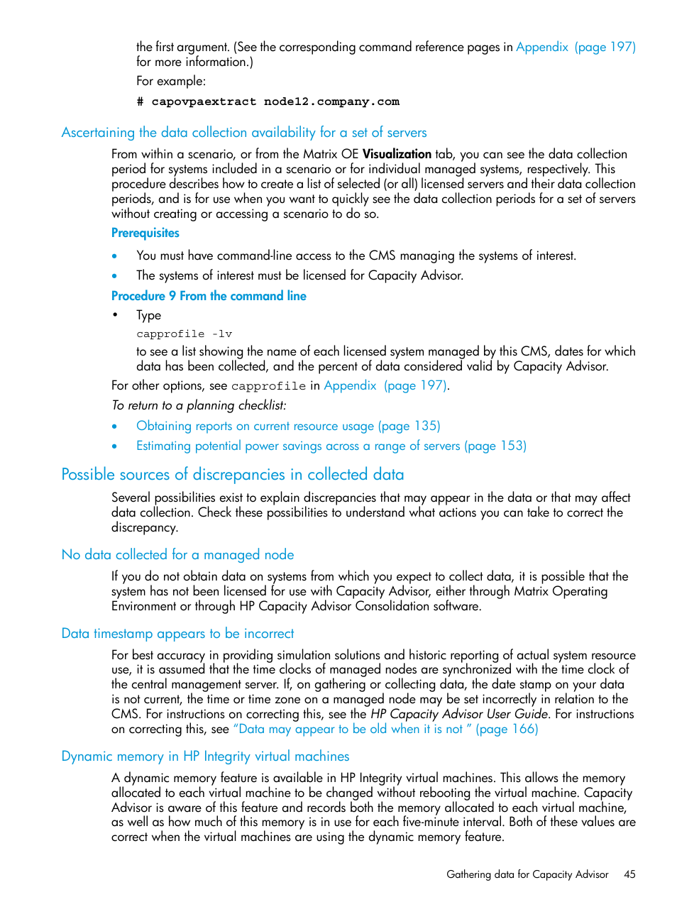 No data collected for a managed node, Data timestamp appears to be incorrect, Dynamic memory in hp integrity virtual machines | HP Matrix Operating Environment Software User Manual | Page 45 / 245