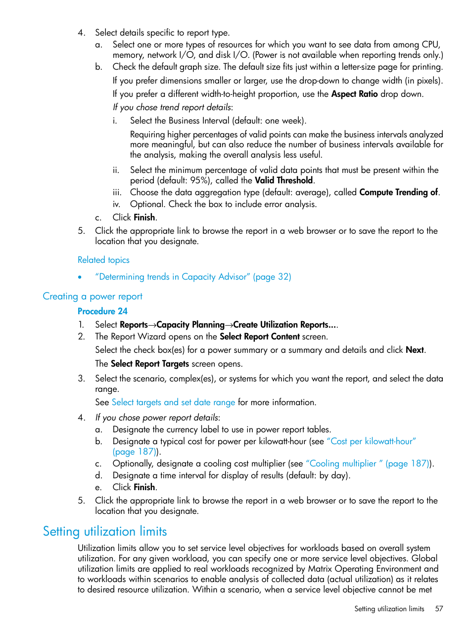 Creating a power report, Setting utilization limits, Power report | Options | HP Matrix Operating Environment Software User Manual | Page 57 / 245