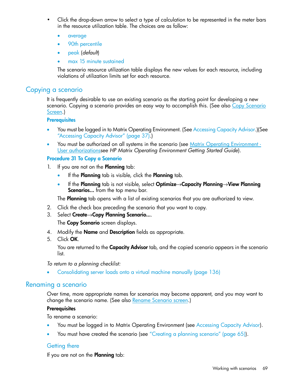 Copying a scenario, Renaming a scenario, Copying a scenario renaming a scenario | HP Matrix Operating Environment Software User Manual | Page 69 / 245