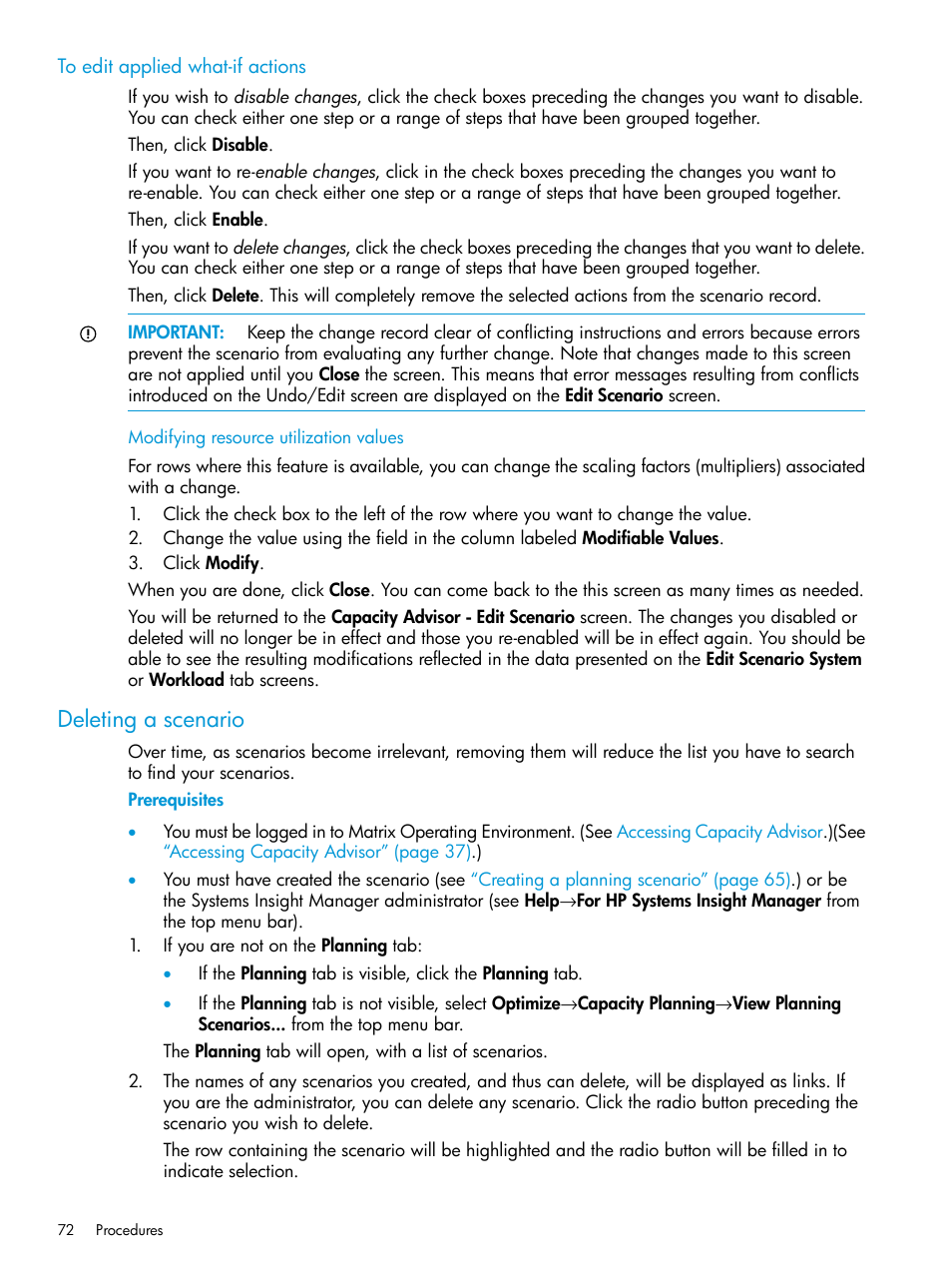 To edit applied what-if actions, Modifying resource utilization values, Deleting a scenario | HP Matrix Operating Environment Software User Manual | Page 72 / 245
