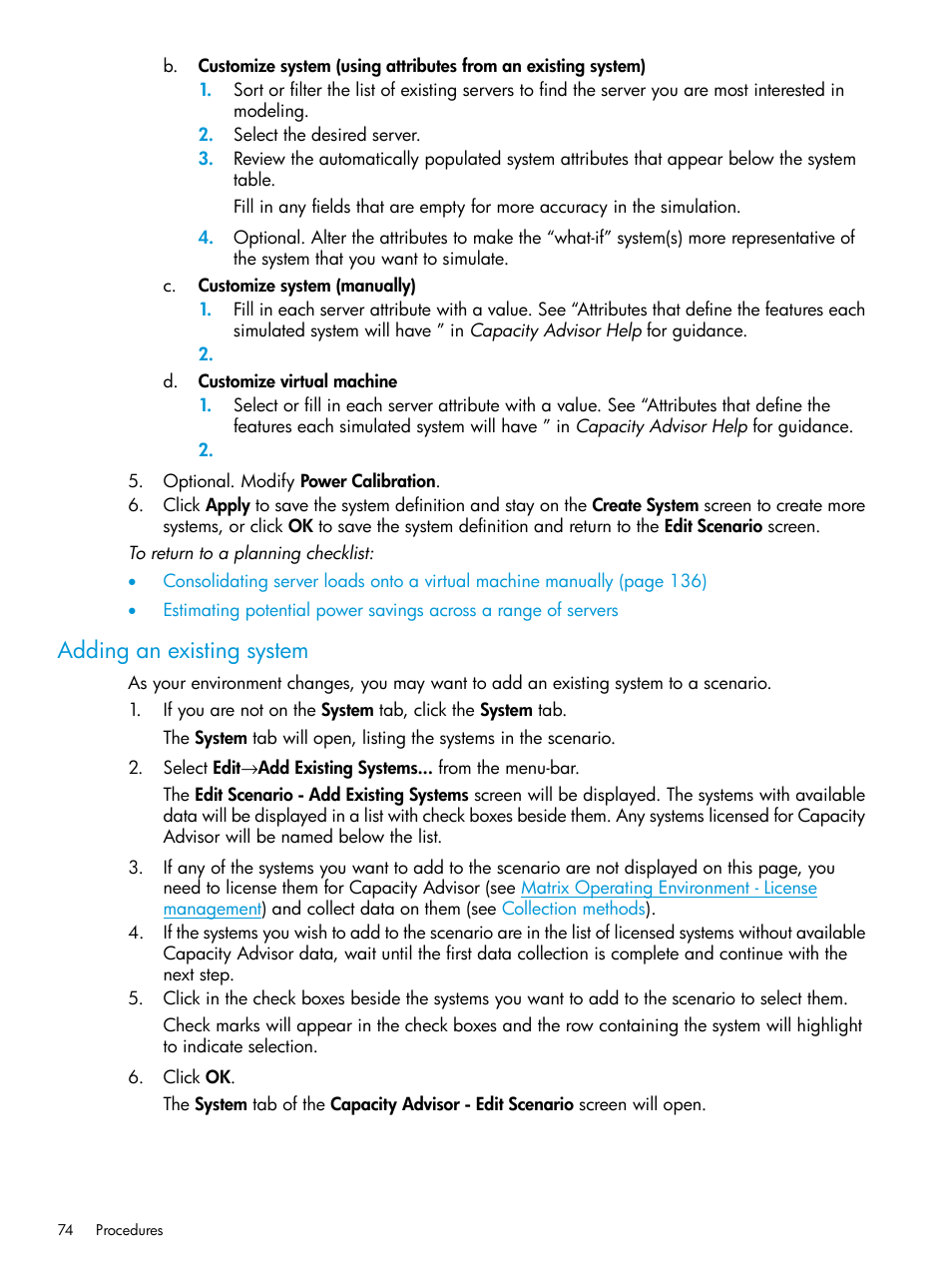 Adding an existing system | HP Matrix Operating Environment Software User Manual | Page 74 / 245