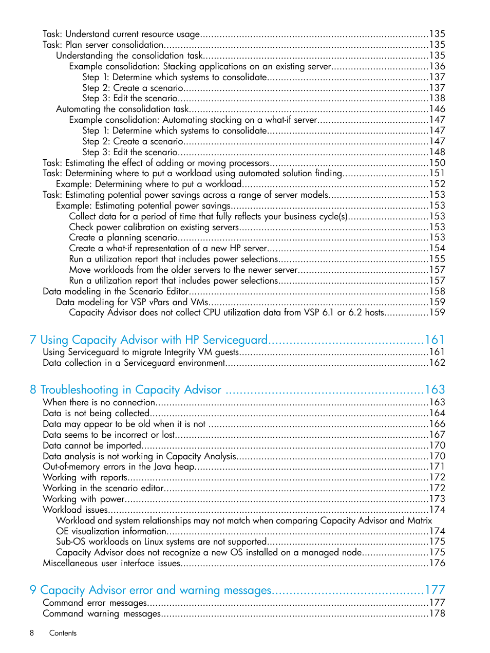 7 using capacity advisor with hp serviceguard, 8 troubleshooting in capacity advisor, 9 capacity advisor error and warning messages | HP Matrix Operating Environment Software User Manual | Page 8 / 245