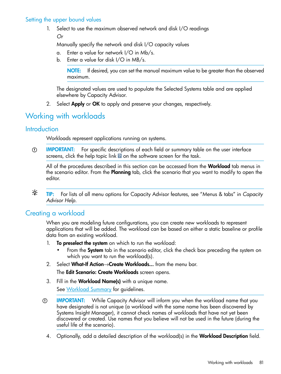 Setting the upper bound values, Working with workloads, Introduction | Creating a workload, Introduction creating a workload | HP Matrix Operating Environment Software User Manual | Page 81 / 245