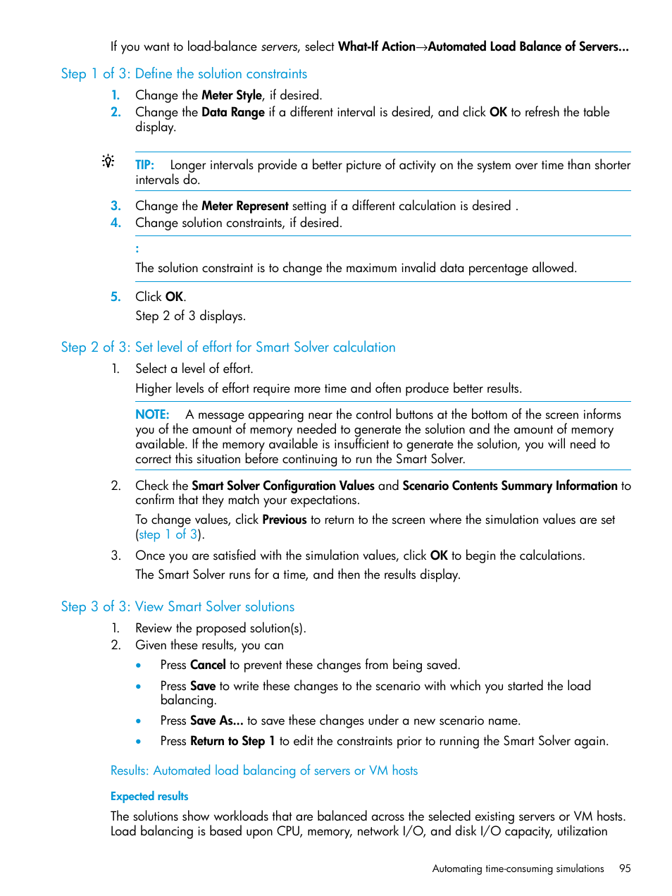 Step 1 of 3: define the solution constraints, Step 3 of 3: view smart solver solutions, Expected results | HP Matrix Operating Environment Software User Manual | Page 95 / 245