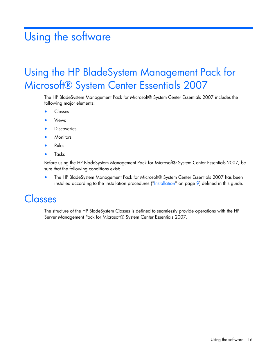 Using the software, Classes | HP ProLiant BL465c Server Blade User Manual | Page 16 / 73