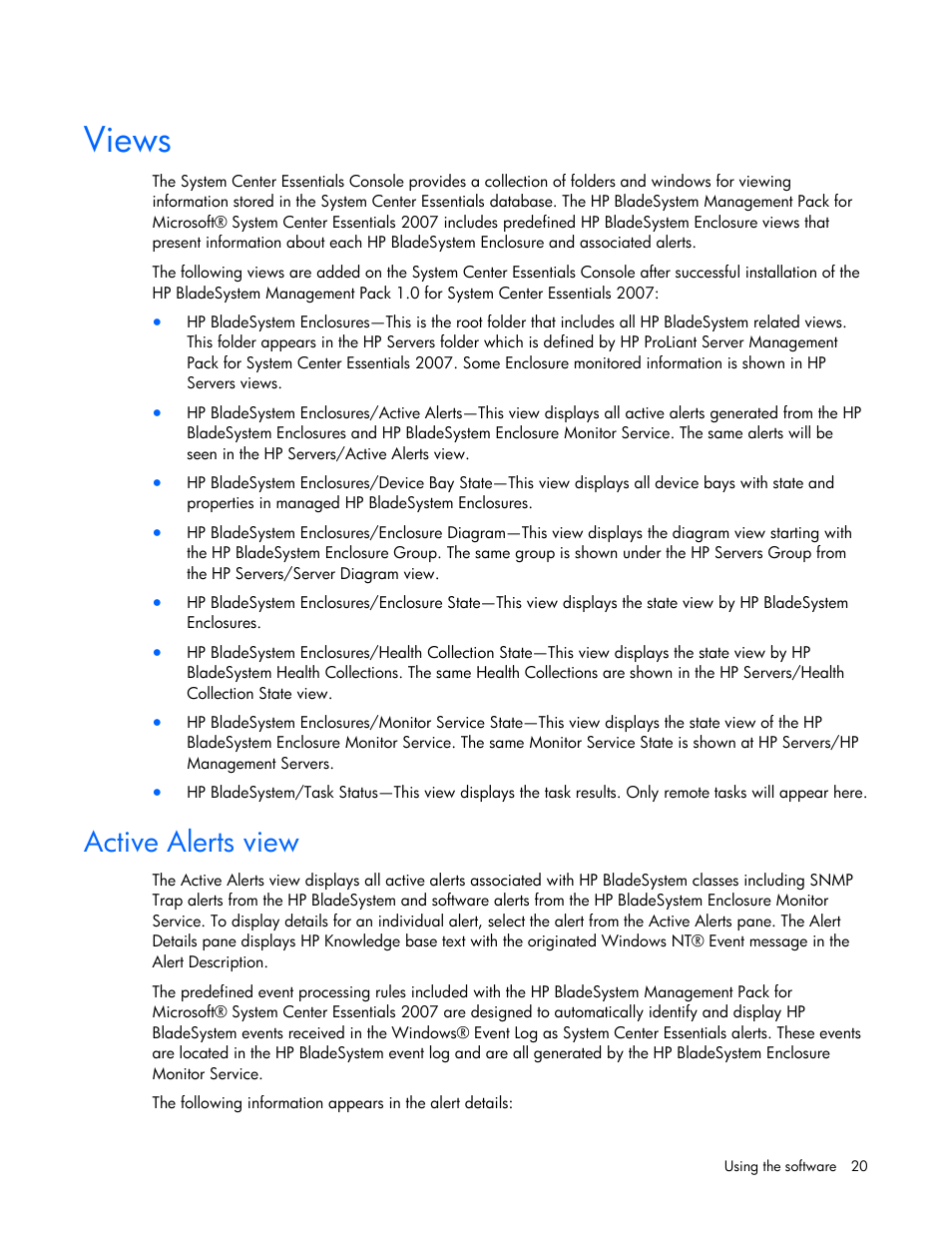 Views, Active alerts view | HP ProLiant BL465c Server Blade User Manual | Page 20 / 73