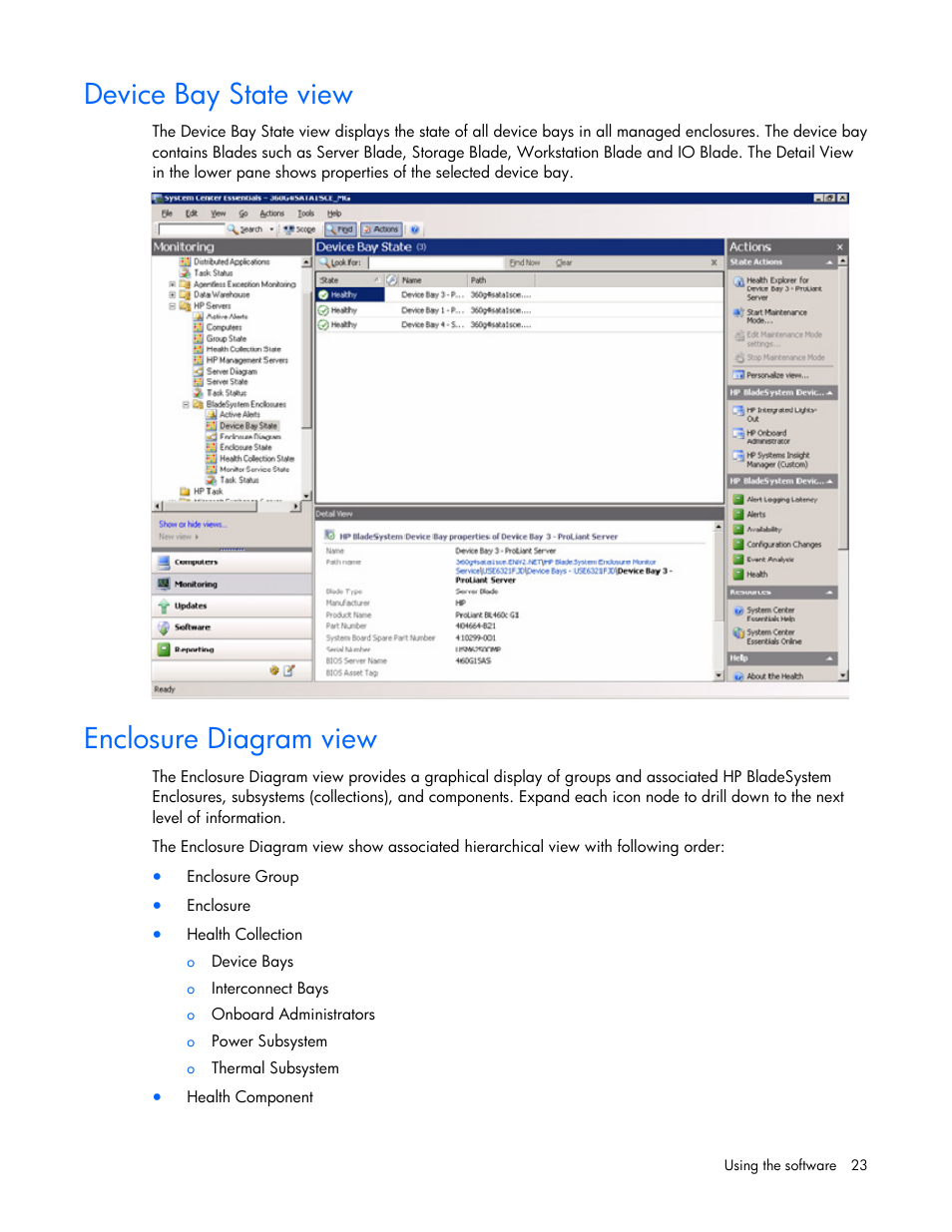 Device bay state view, Enclosure diagram view | HP ProLiant BL465c Server Blade User Manual | Page 23 / 73