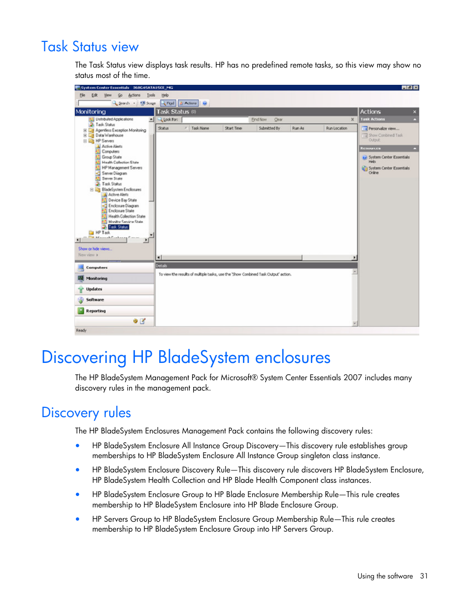 Task status view, Discovering hp bladesystem enclosures, Discovery rules | HP ProLiant BL465c Server Blade User Manual | Page 31 / 73