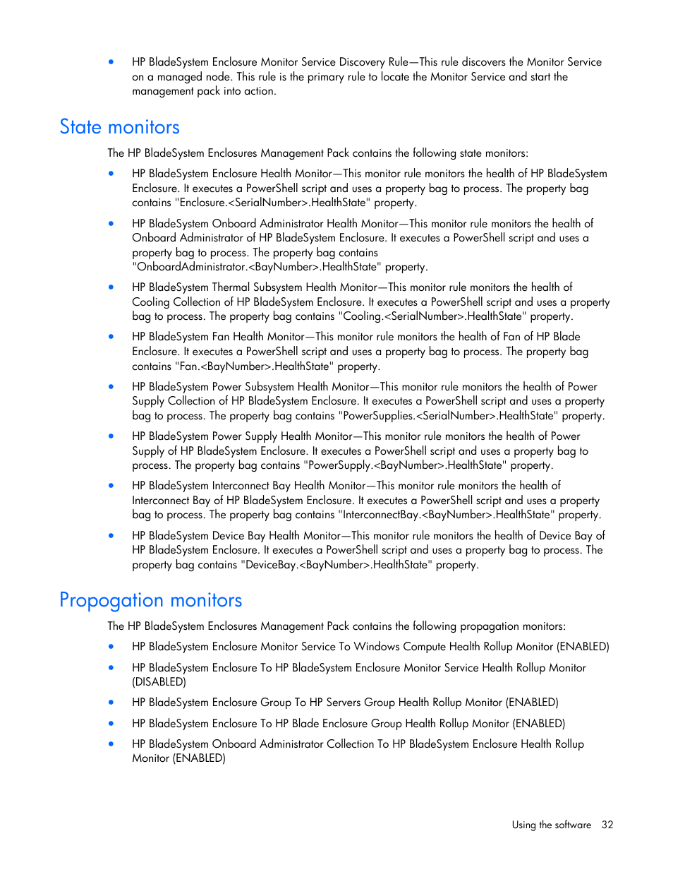 State monitors, Propogation monitors | HP ProLiant BL465c Server Blade User Manual | Page 32 / 73