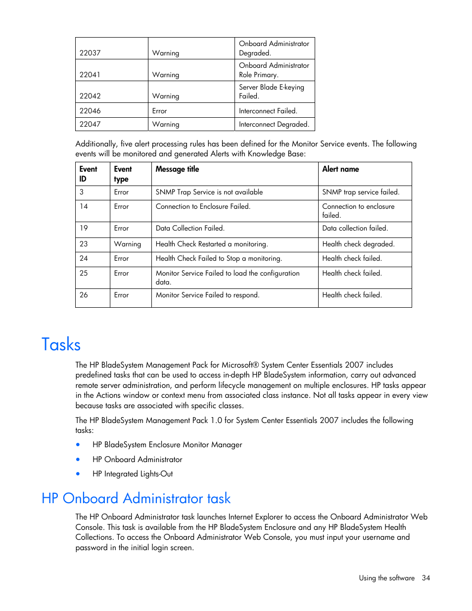 Tasks, Hp onboard administrator task | HP ProLiant BL465c Server Blade User Manual | Page 34 / 73
