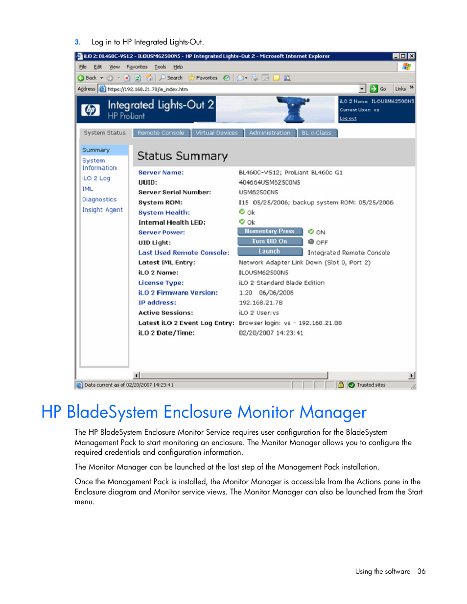Hp bladesystem enclosure monitor manager | HP ProLiant BL465c Server Blade User Manual | Page 36 / 73