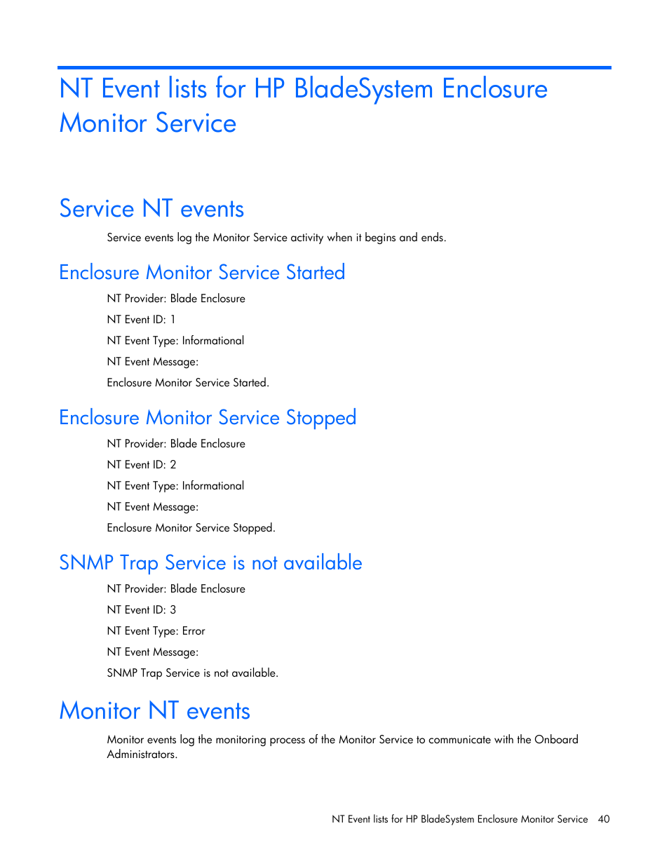 Service nt events, Enclosure monitor service started, Enclosure monitor service stopped | Snmp trap service is not available, Monitor nt events | HP ProLiant BL465c Server Blade User Manual | Page 40 / 73