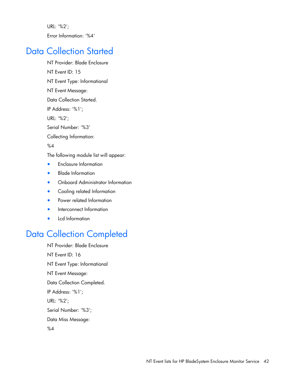 Data collection started, Data collection completed | HP ProLiant BL465c Server Blade User Manual | Page 42 / 73