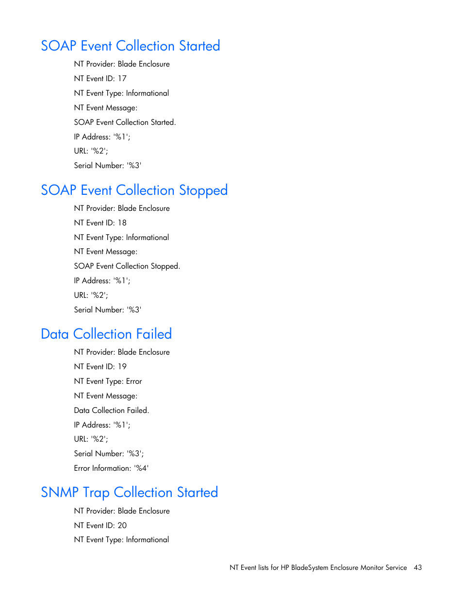 Soap event collection started, Soap event collection stopped, Data collection failed | Snmp trap collection started | HP ProLiant BL465c Server Blade User Manual | Page 43 / 73