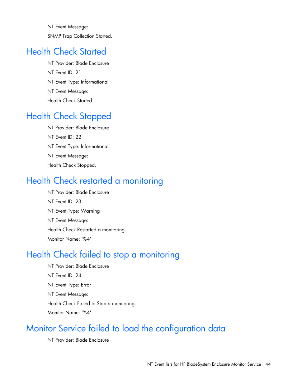 Health check started, Health check stopped, Health check restarted a monitoring | Health check failed to stop a monitoring | HP ProLiant BL465c Server Blade User Manual | Page 44 / 73
