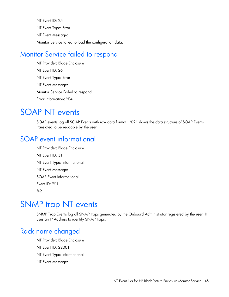 Monitor service failed to respond, Soap nt events, Soap event informational | Snmp trap nt events, Rack name changed | HP ProLiant BL465c Server Blade User Manual | Page 45 / 73