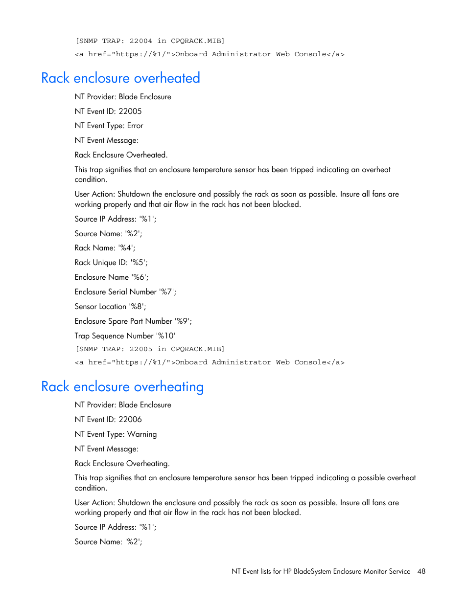 Rack enclosure overheated, Rack enclosure overheating | HP ProLiant BL465c Server Blade User Manual | Page 48 / 73