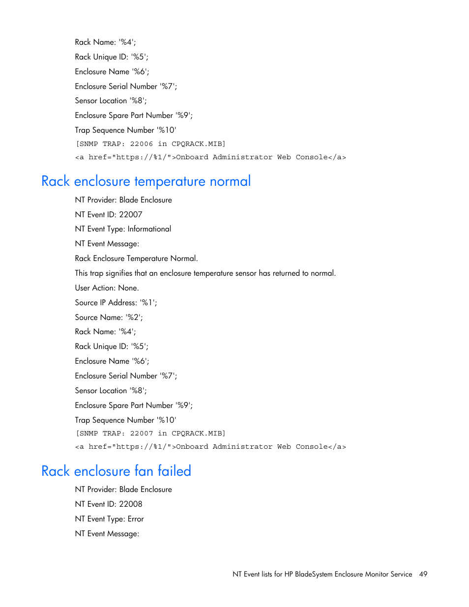 Rack enclosure temperature normal, Rack enclosure fan failed | HP ProLiant BL465c Server Blade User Manual | Page 49 / 73