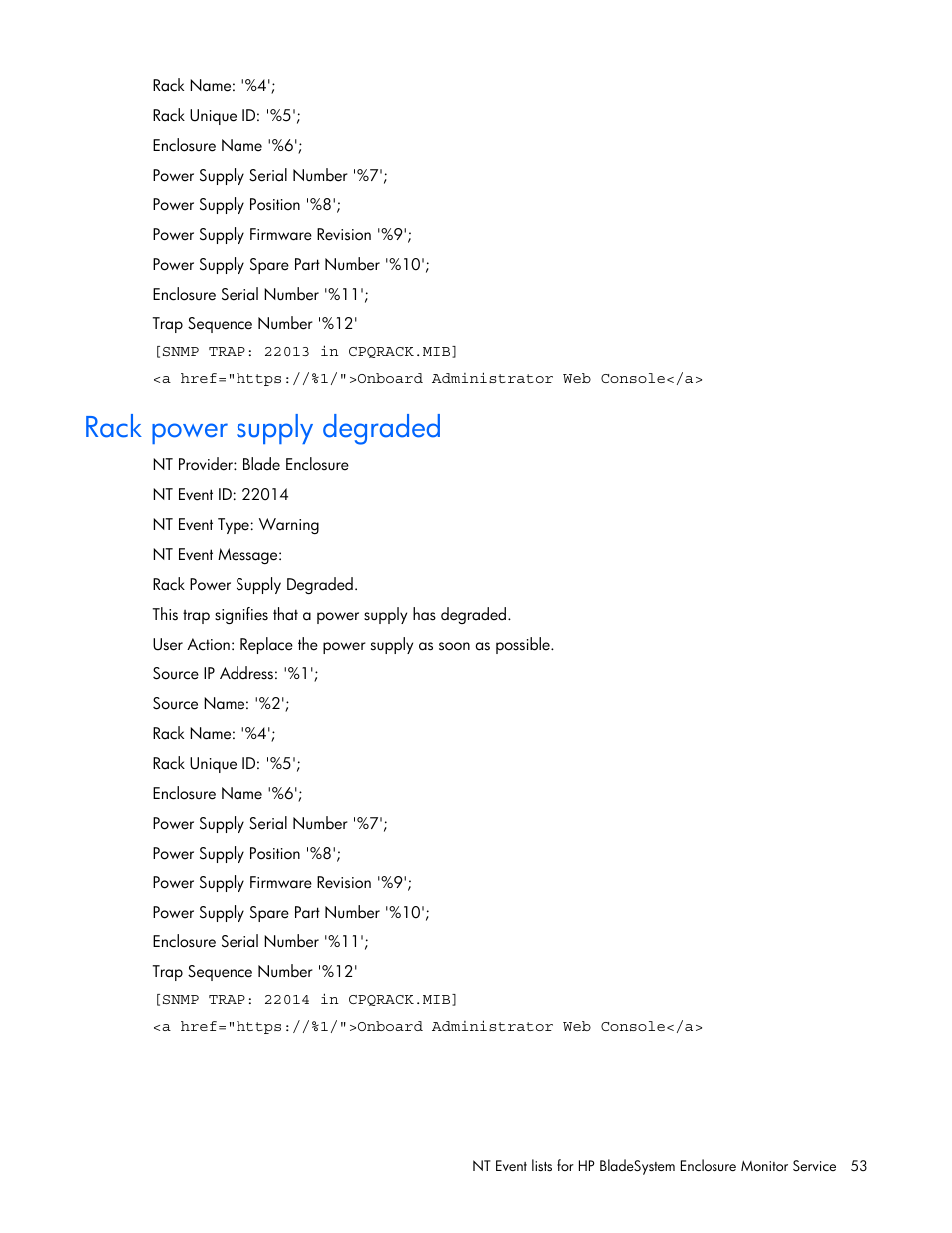 Rack power supply degraded | HP ProLiant BL465c Server Blade User Manual | Page 53 / 73