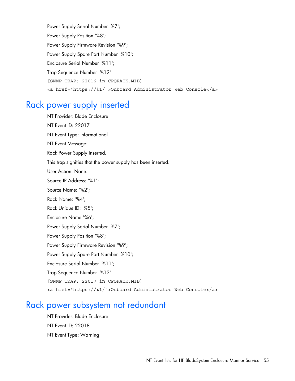 Rack power supply inserted, Rack power subsystem not redundant | HP ProLiant BL465c Server Blade User Manual | Page 55 / 73