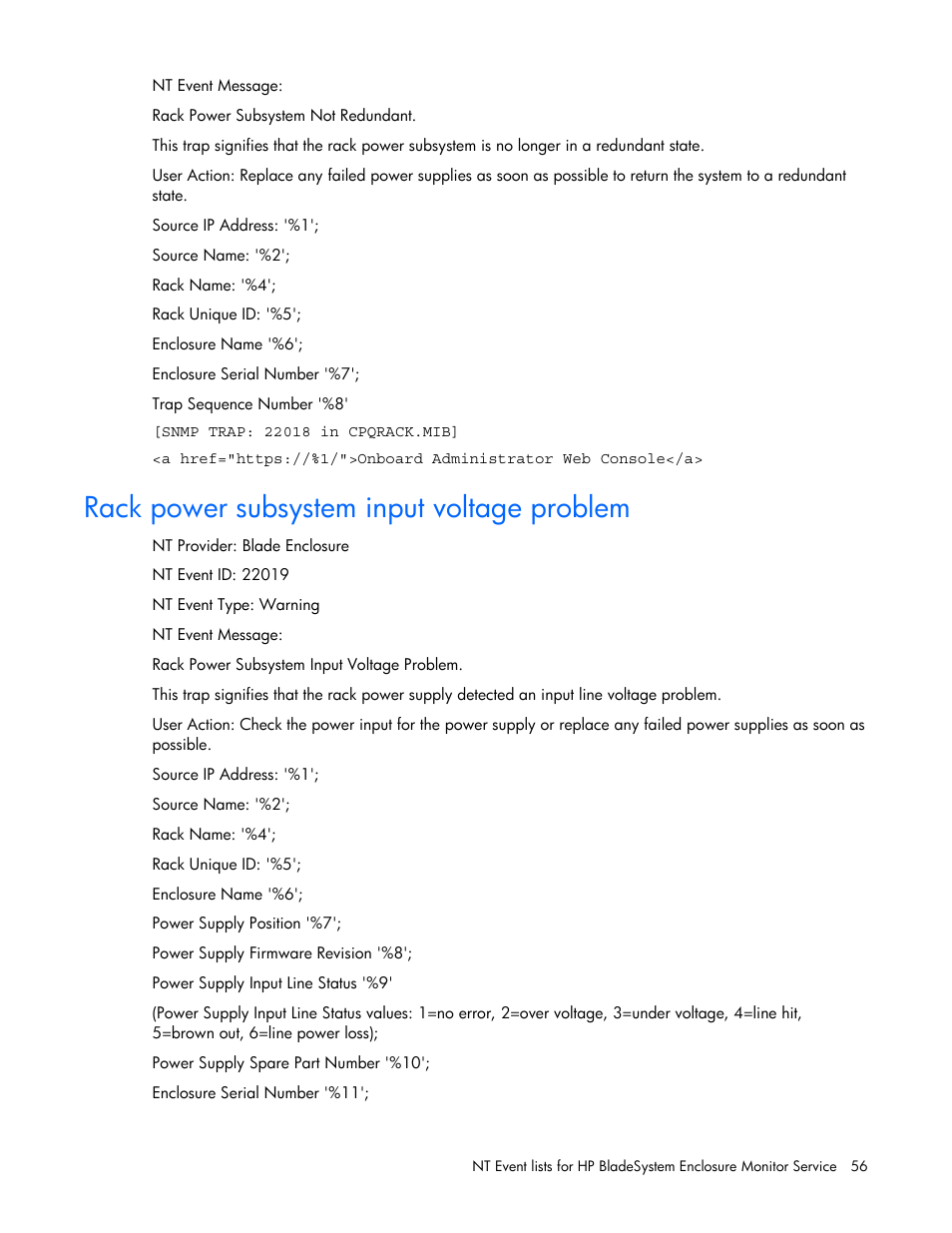 Rack power subsystem input voltage problem | HP ProLiant BL465c Server Blade User Manual | Page 56 / 73