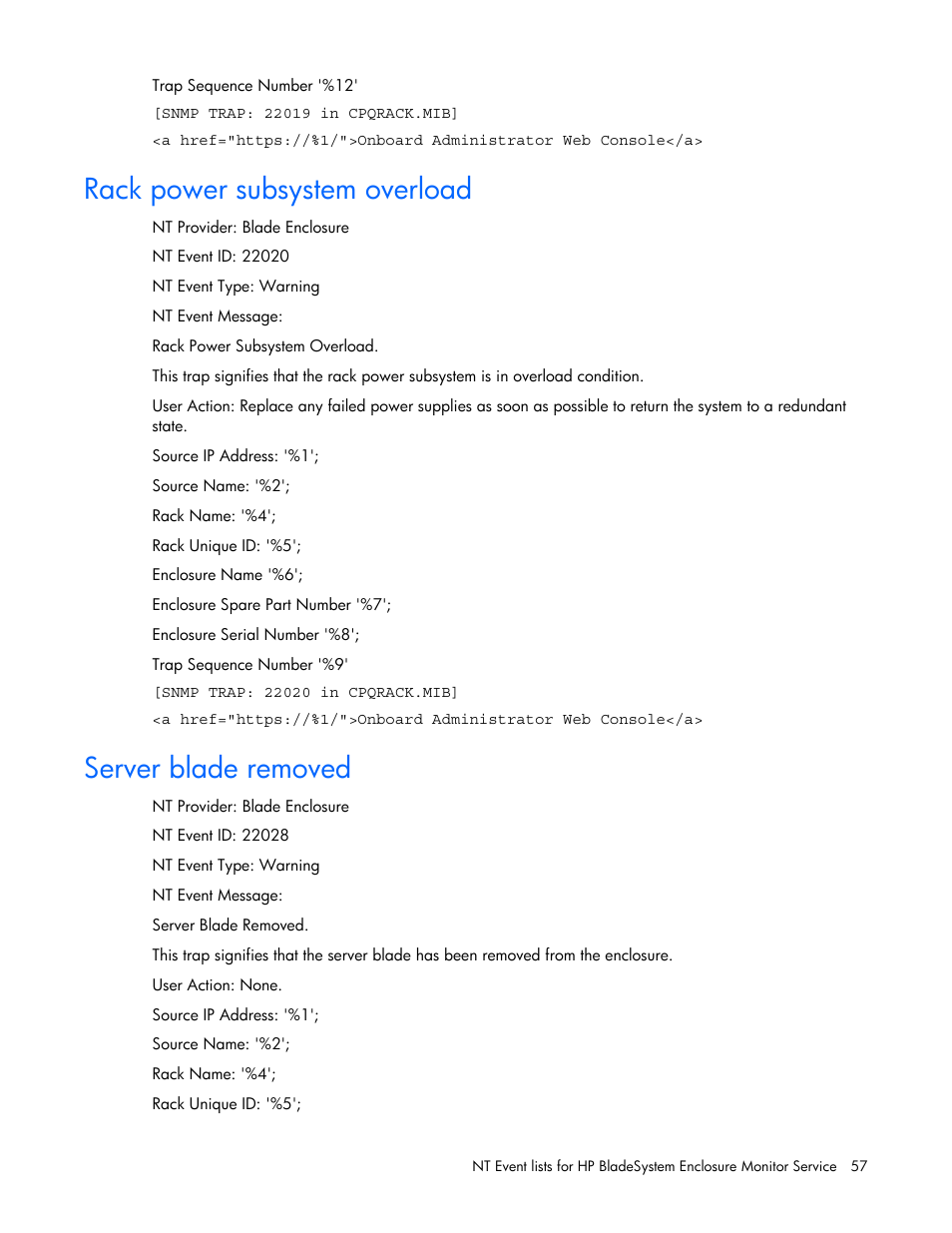Rack power subsystem overload, Server blade removed | HP ProLiant BL465c Server Blade User Manual | Page 57 / 73