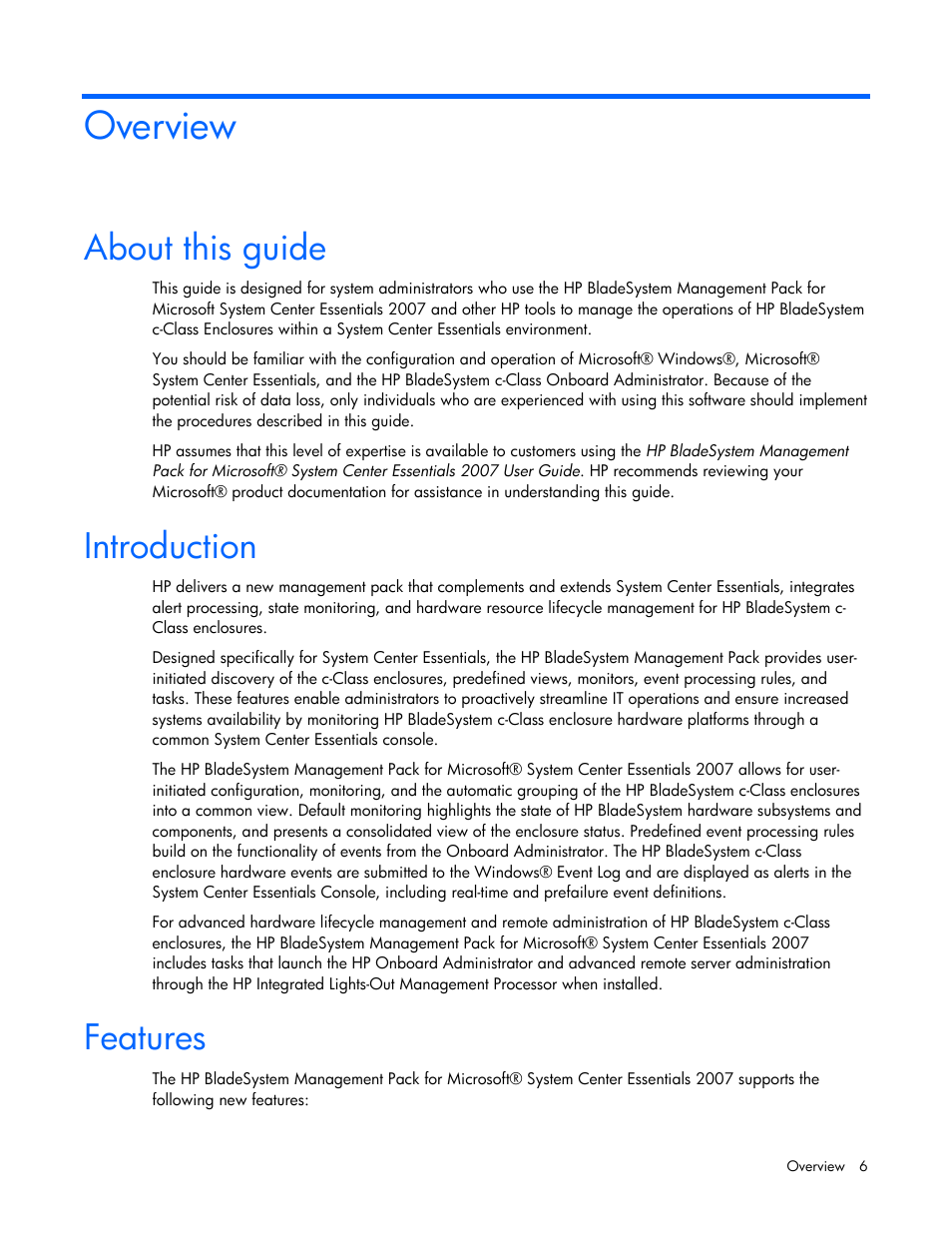 Overview, About this guide, Introduction | Features | HP ProLiant BL465c Server Blade User Manual | Page 6 / 73