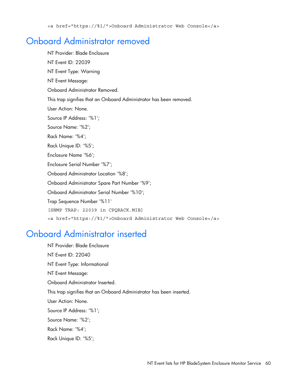 Onboard administrator removed, Onboard administrator inserted | HP ProLiant BL465c Server Blade User Manual | Page 60 / 73