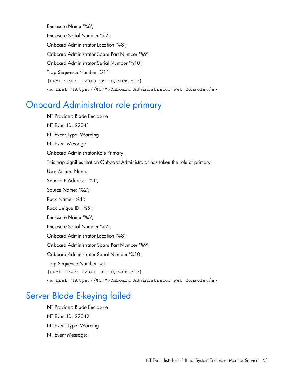 Onboard administrator role primary, Server blade e-keying failed | HP ProLiant BL465c Server Blade User Manual | Page 61 / 73