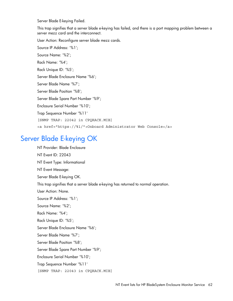 Server blade e-keying ok | HP ProLiant BL465c Server Blade User Manual | Page 62 / 73