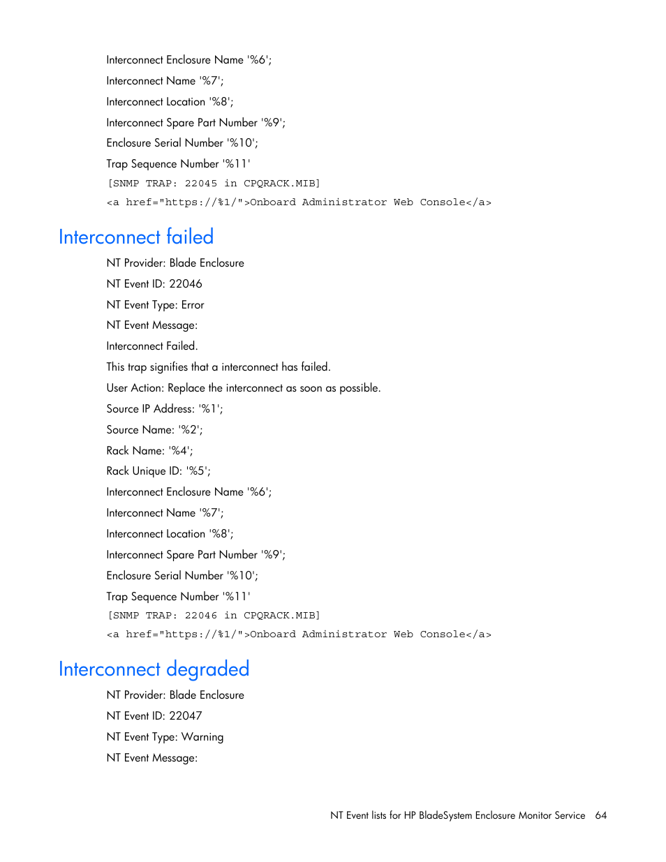 Interconnect failed, Interconnect degraded | HP ProLiant BL465c Server Blade User Manual | Page 64 / 73