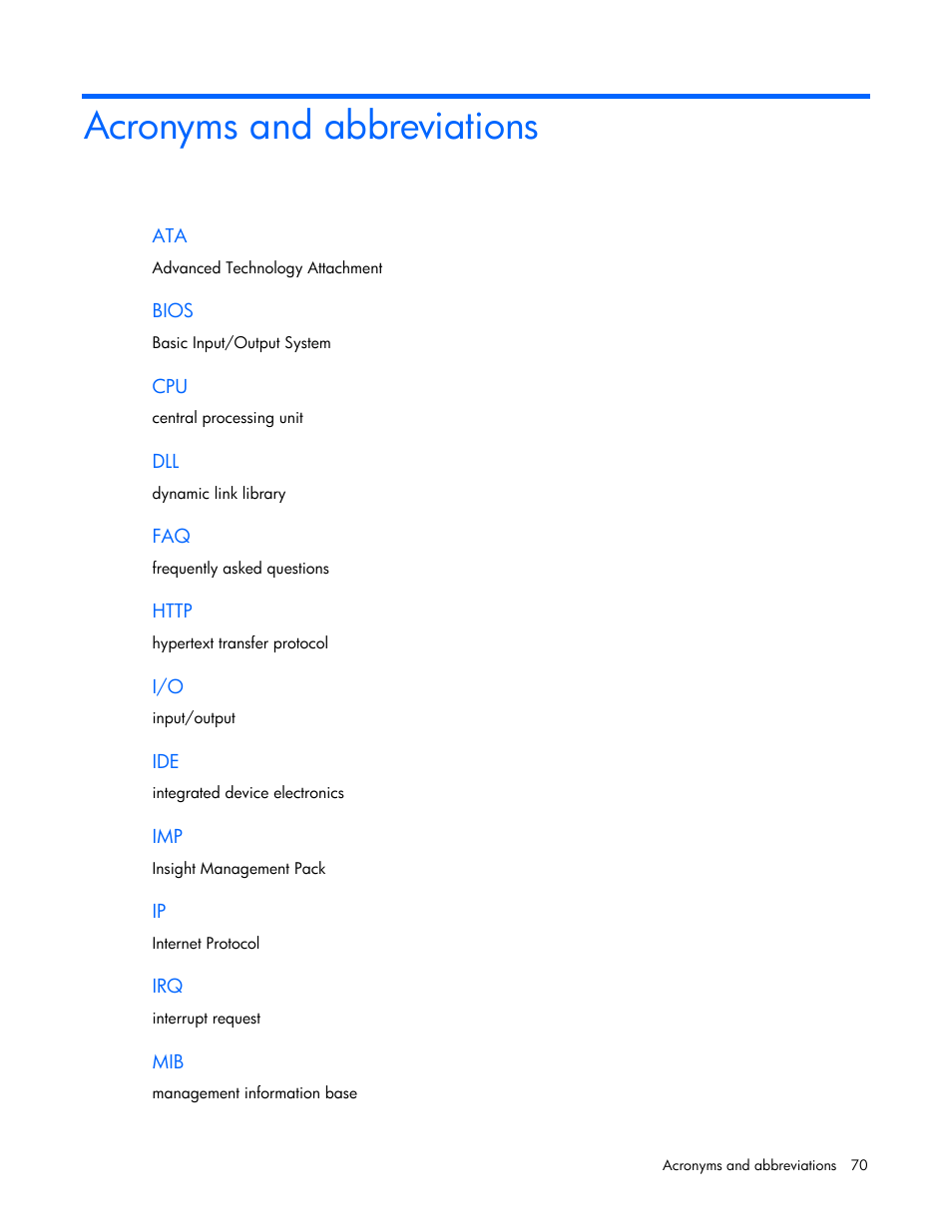 Acronyms and abbreviations | HP ProLiant BL465c Server Blade User Manual | Page 70 / 73