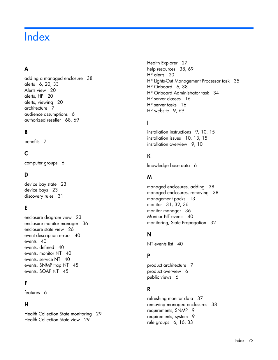 Index | HP ProLiant BL465c Server Blade User Manual | Page 72 / 73