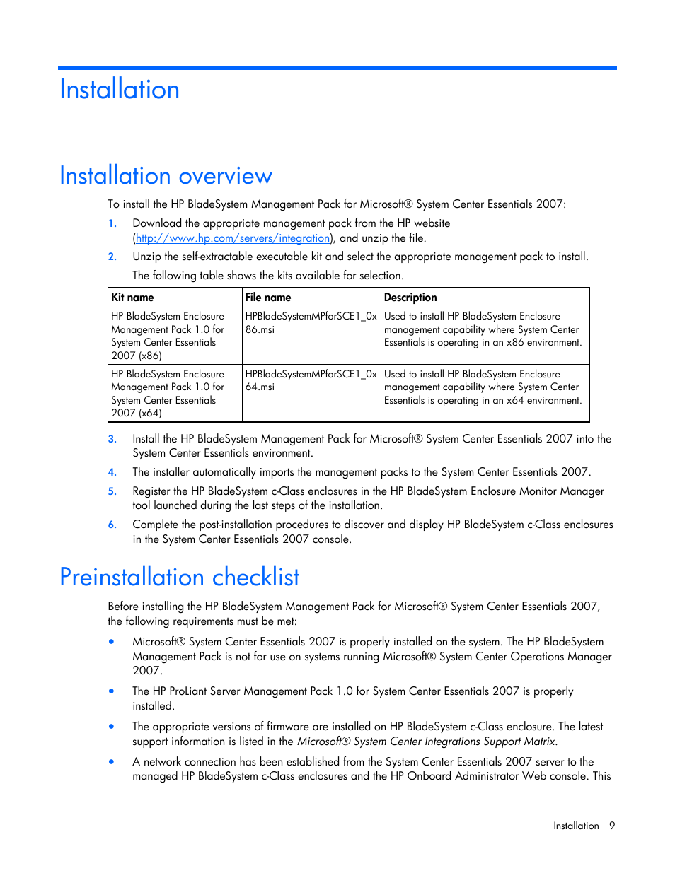 Installation, Installation overview, Preinstallation checklist | HP ProLiant BL465c Server Blade User Manual | Page 9 / 73