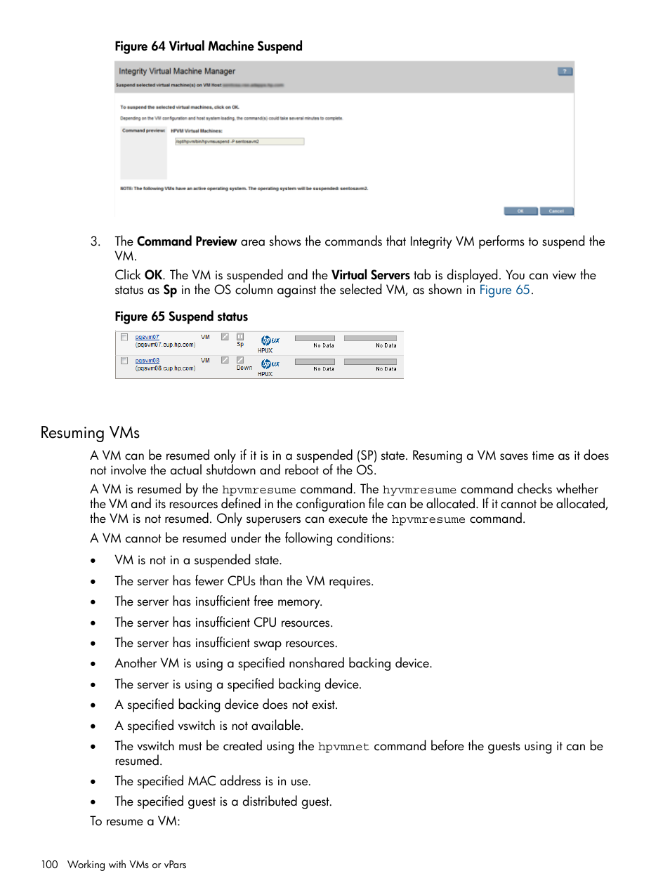 Resuming vms | HP Matrix Operating Environment Software User Manual | Page 100 / 148