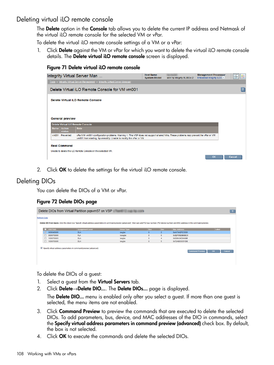 Deleting virtual ilo remote console, Deleting dios, Deleting virtual ilo remote console deleting dios | HP Matrix Operating Environment Software User Manual | Page 108 / 148