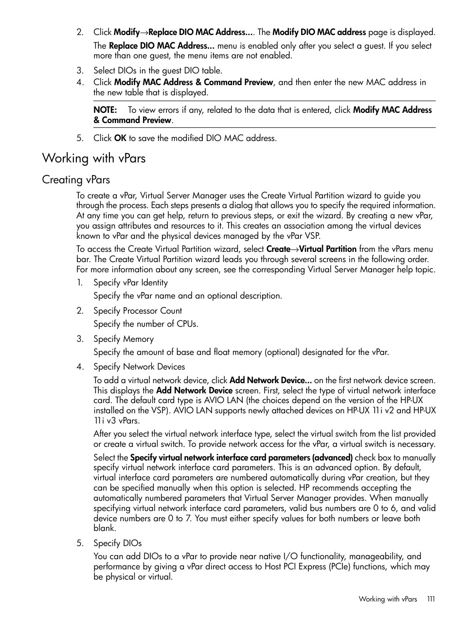 Working with vpars, Creating vpars | HP Matrix Operating Environment Software User Manual | Page 111 / 148
