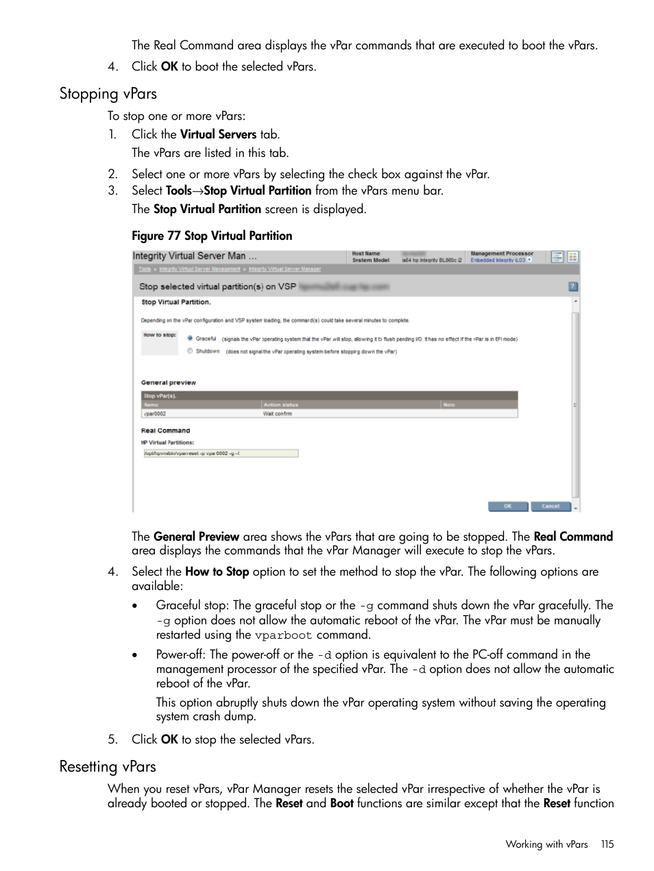 Stopping vpars, Resetting vpars, Stopping vpars resetting vpars | HP Matrix Operating Environment Software User Manual | Page 115 / 148