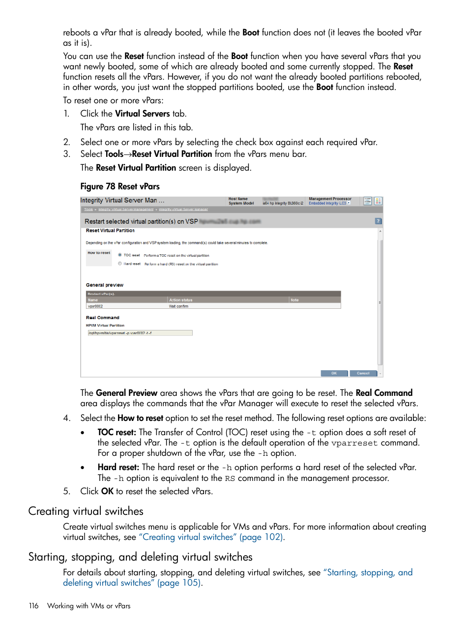 Creating virtual switches, Starting, stopping, and deleting virtual switches | HP Matrix Operating Environment Software User Manual | Page 116 / 148