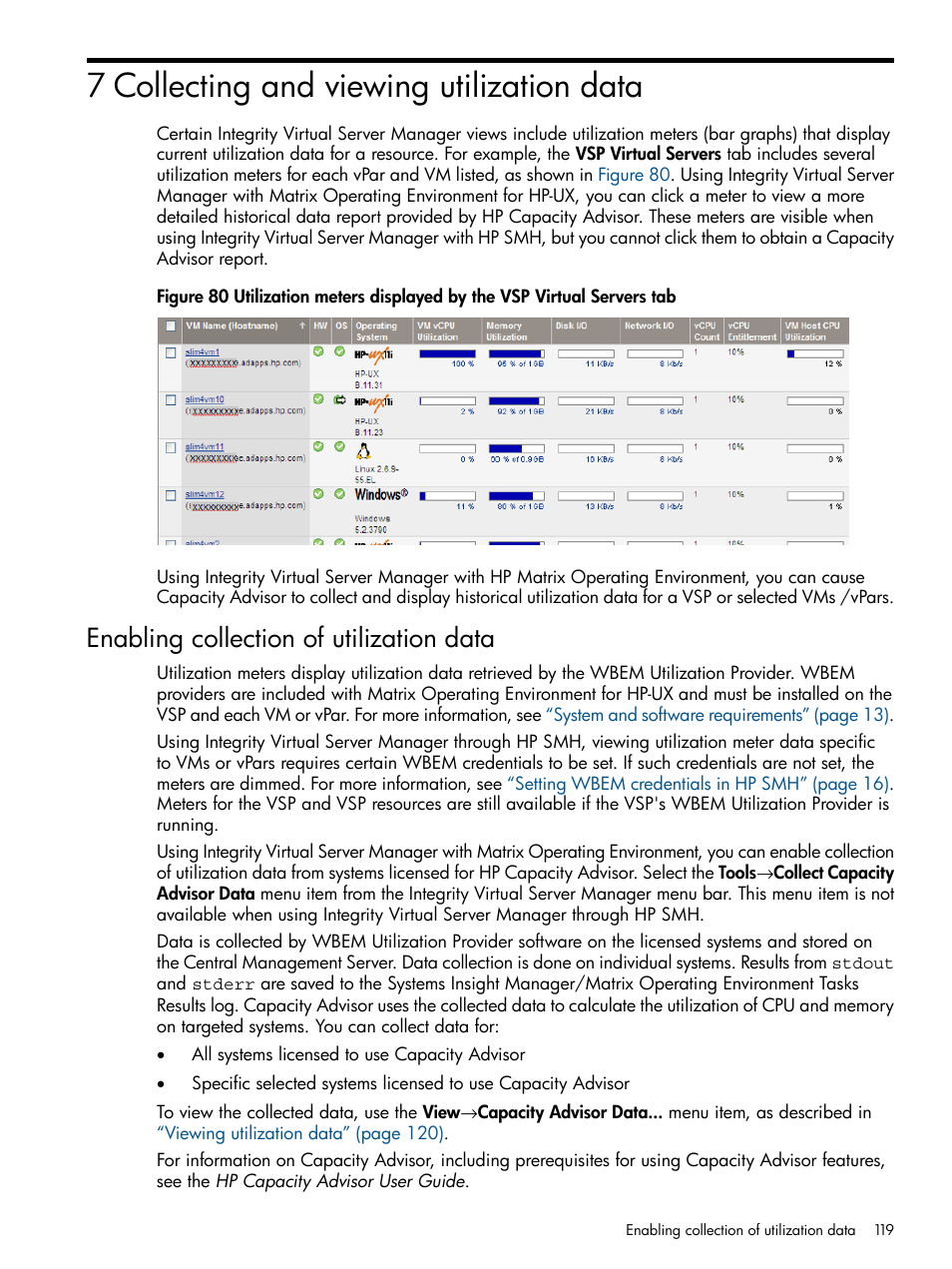 7 collecting and viewing utilization data, Enabling collection of utilization data, Chapter 7 | HP Matrix Operating Environment Software User Manual | Page 119 / 148