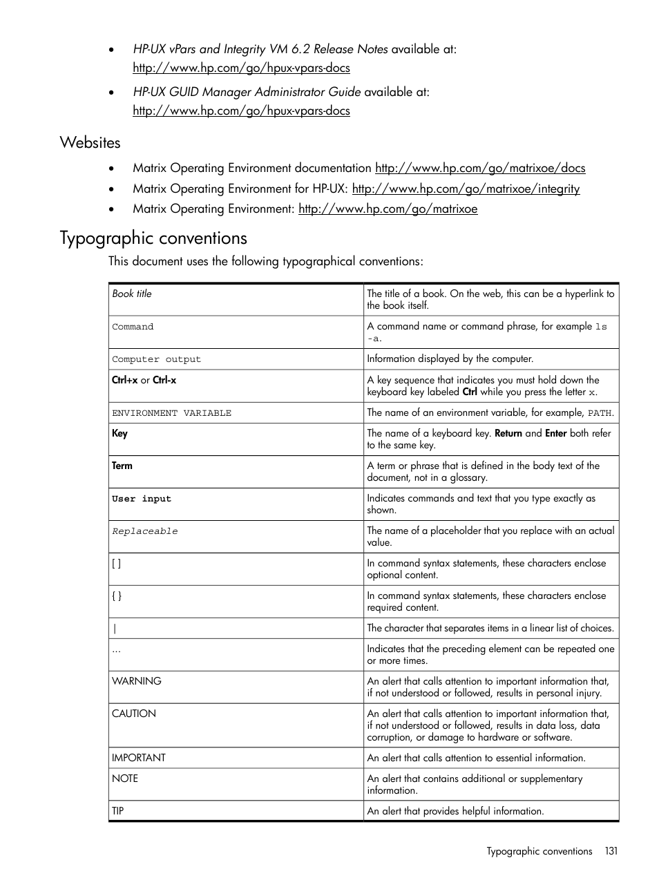 Websites, Typographic conventions | HP Matrix Operating Environment Software User Manual | Page 131 / 148