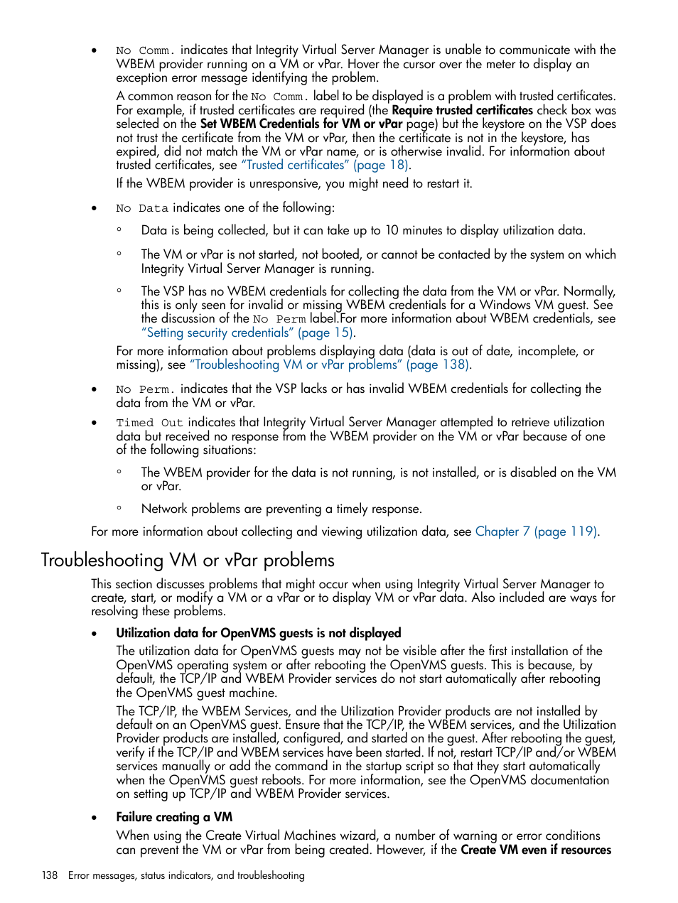 Troubleshooting vm or vpar problems, Troubleshooting vm or vpar | HP Matrix Operating Environment Software User Manual | Page 138 / 148