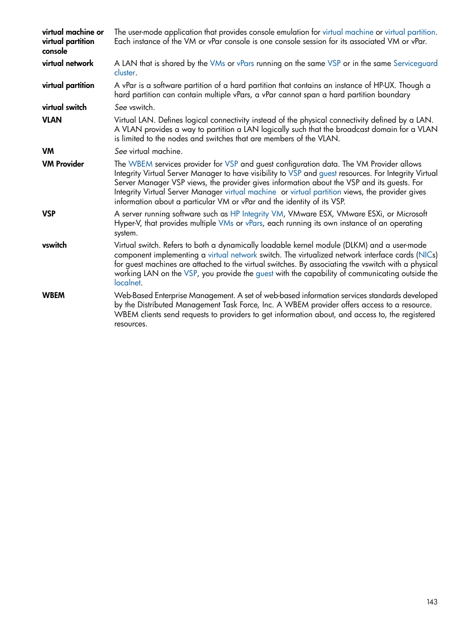 Vm provider, Virtual partition, Vswitch | Virtual partitions, Wbem | HP Matrix Operating Environment Software User Manual | Page 143 / 148