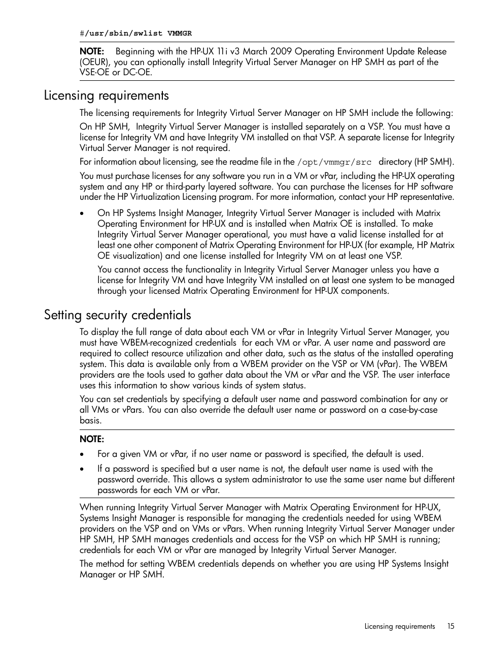Licensing requirements, Setting security credentials | HP Matrix Operating Environment Software User Manual | Page 15 / 148