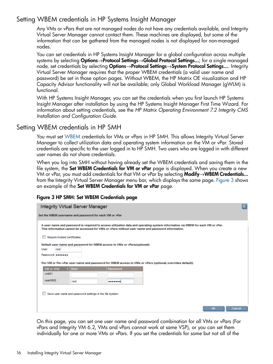 Setting wbem credentials in hp smh | HP Matrix Operating Environment Software User Manual | Page 16 / 148