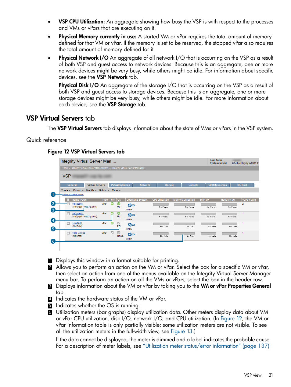 Vsp virtual servers tab, Quick reference | HP Matrix Operating Environment Software User Manual | Page 31 / 148