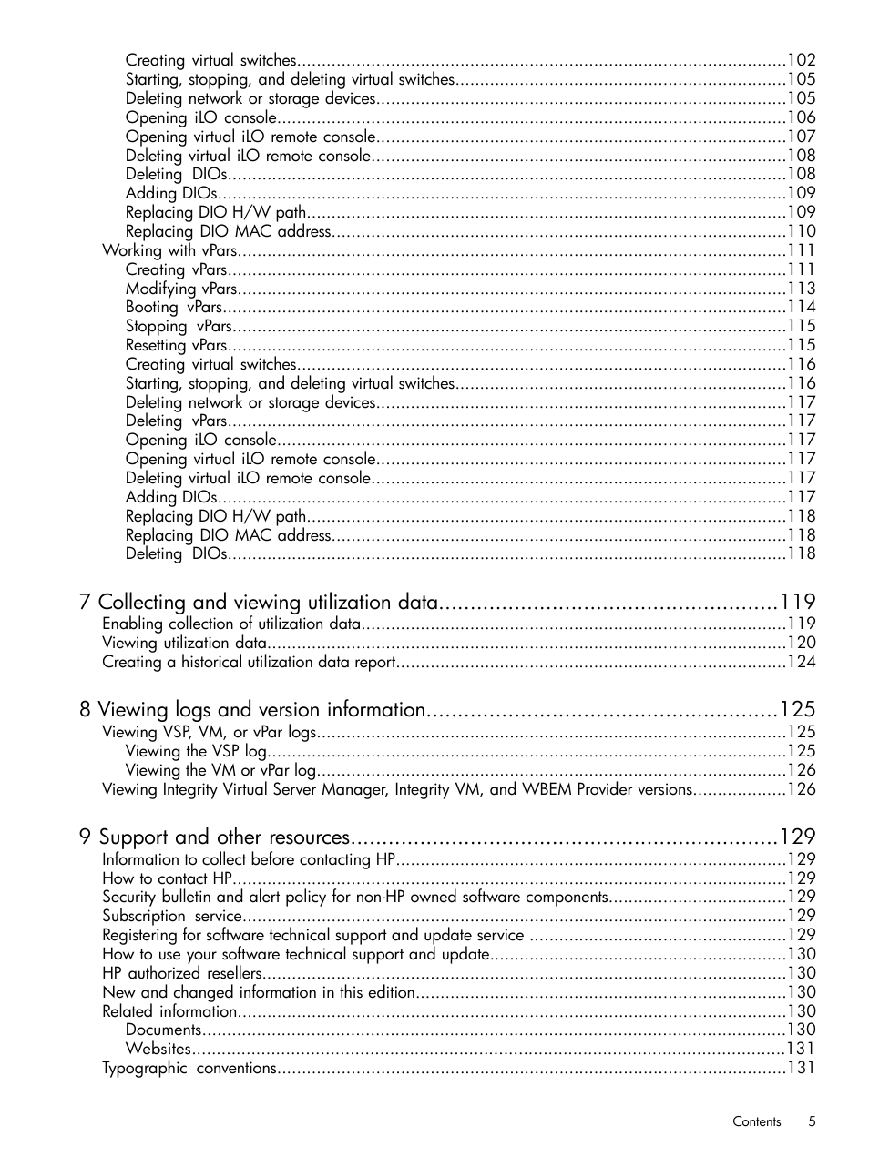 7 collecting and viewing utilization data, 8 viewing logs and version information, 9 support and other resources | HP Matrix Operating Environment Software User Manual | Page 5 / 148